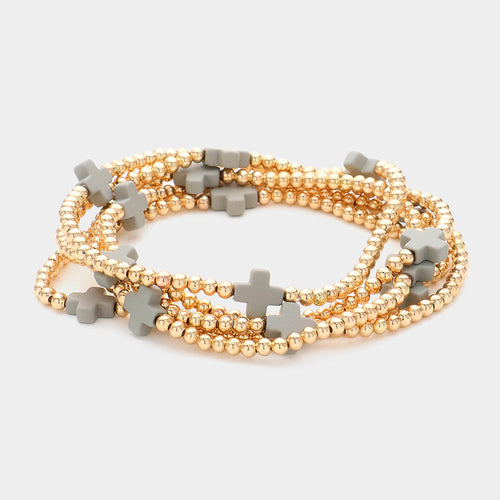 5PCS - Cross Pointed Metal Ball Beaded Stretch Multi Layered Bracelets