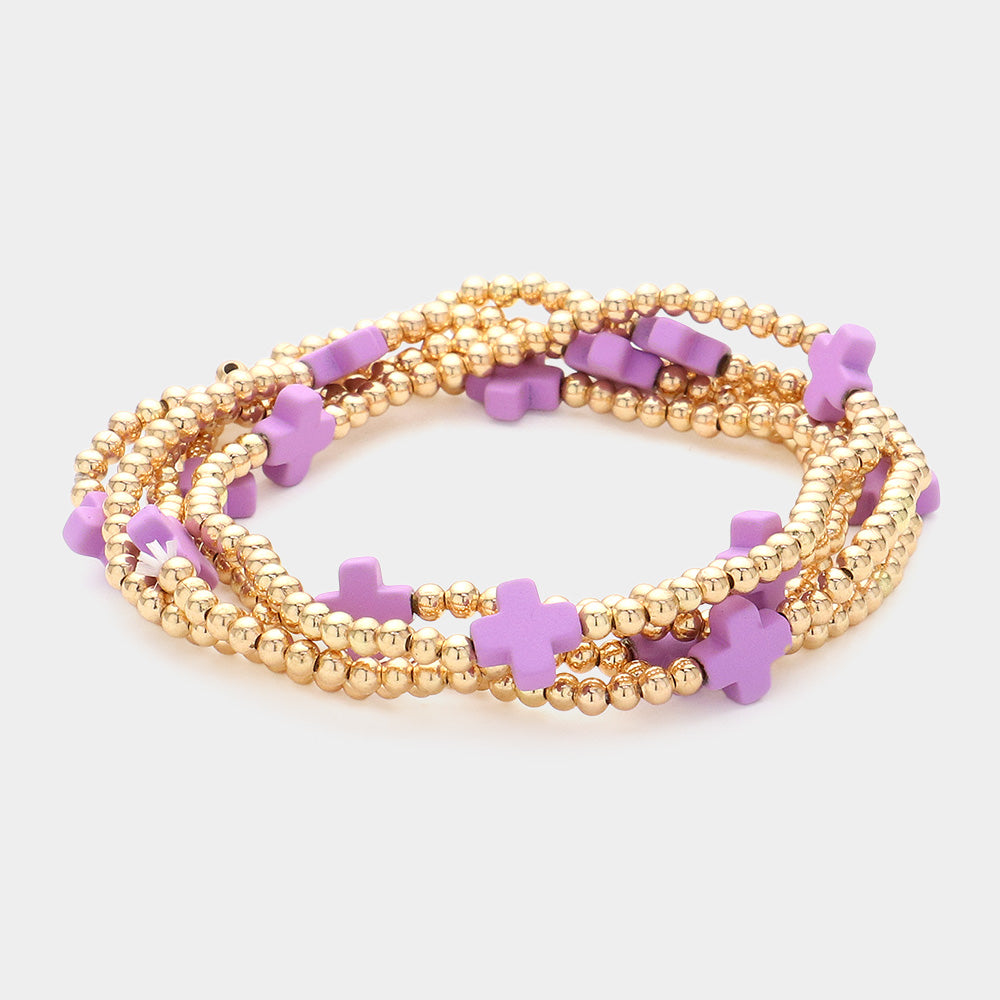 5PCS - Cross Pointed Metal Ball Beaded Stretch Multi Layered Bracelets