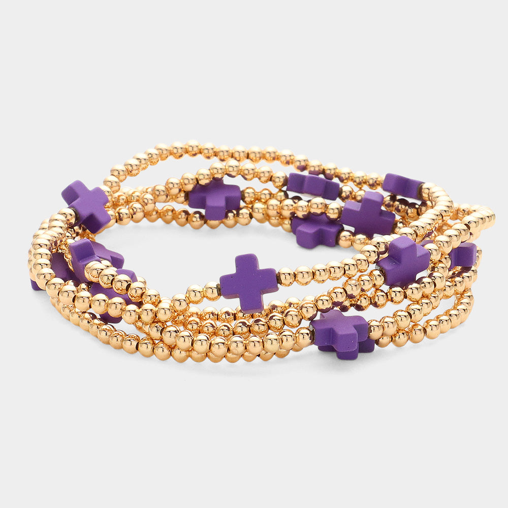 5PCS - Cross Pointed Metal Ball Beaded Stretch Multi Layered Bracelets