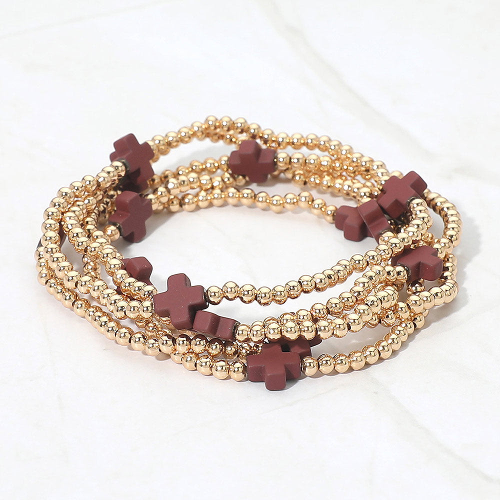 5PCS - Cross Pointed Metal Ball Beaded Stretch Multi Layered Bracelets