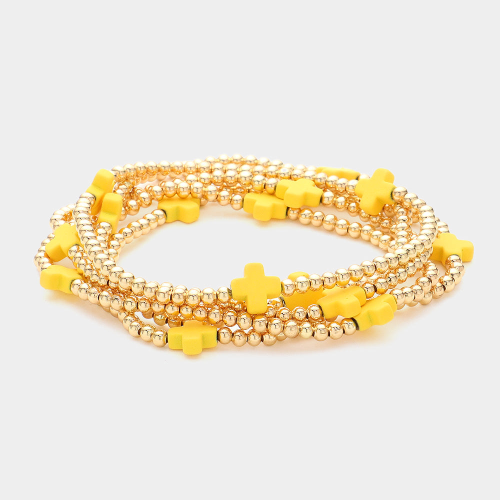 5PCS - Cross Pointed Metal Ball Beaded Stretch Multi Layered Bracelets