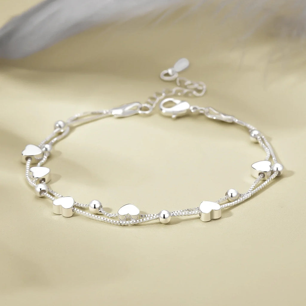 925 Sterling Silver Bracelets Woman Heart Ball Chain Charm Bracelet
