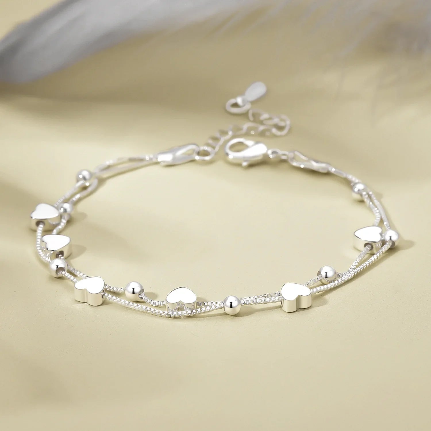 925 Sterling Silver Bracelets Woman Heart Ball Chain Charm Bracelet