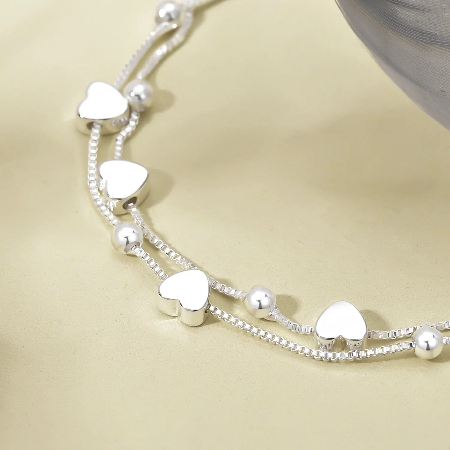 925 Sterling Silver Bracelets Woman Heart Ball Chain Charm Bracelet