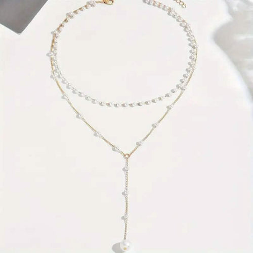 Elegant Vintage Style Double-Layer Pendant Necklace with Imitation Pearl Accents and Tassel Drop